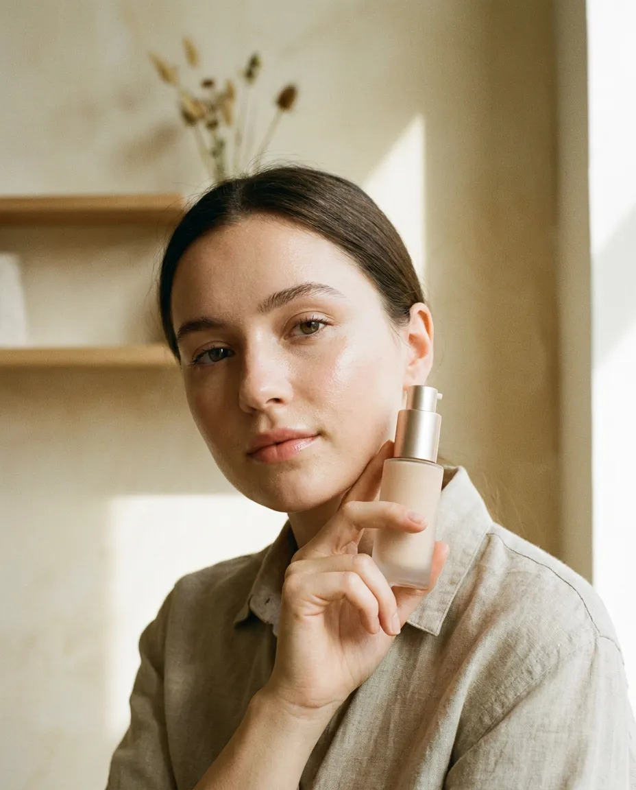 A woman holding the Aurelle Featherlight Glow Foundation bottle to her cheek, glowing natural skin